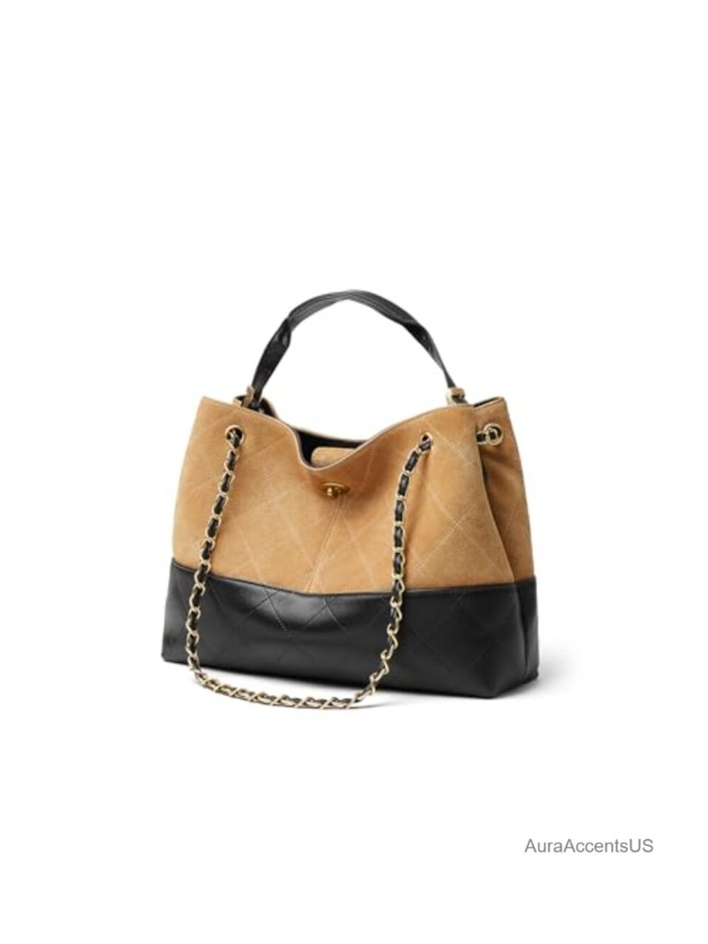 Lambskin Leather Satchel Tote Purse with Quilted Design and Detachable Chain